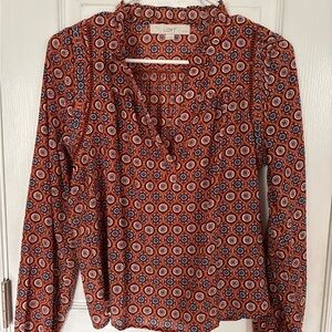 LOFT Petites Women's Rust and Blue Patterned Blouse size XSP